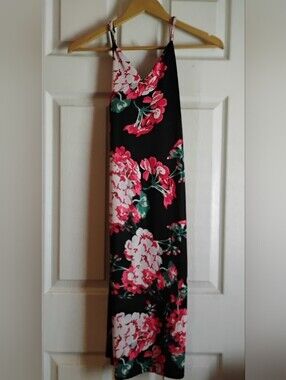 Black Floral V-Neck Maxi Dress with Pink & Red Blooms